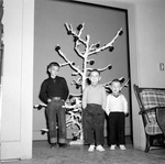 Three children stand in front on Christmas tree