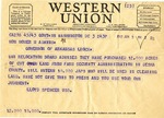 Telegram, U.S. Senator Lloyd Spencer to Governor Homer Adkins