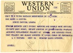 Telegram, L.V. Twyford, Secretary for U.S. Senator Lloyd Spencer to Governor Homer Adkins