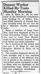 Newspaper article, "Denson Worker Killed By Train Monday Morning"