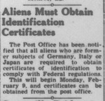 Newspaper article, "Aliens Must Obtain Identification Certificates"