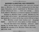 Newspaper article, "McGehee is Greeting New Residents"