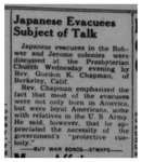 Newspaper article, "Japanese Evacuees Subject of Talk"