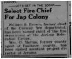 Newspaper article, "Select Fire Chief for Jap [sic] Colony"