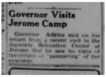 Newspaper article, "Governor Visits Jerome Camp"