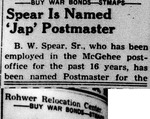 Newspaper article, "Spear is Named 'Jap' Postmaster"