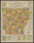 Ohman's Standard New Map of Arkansas, "The Wonder State," including maps of soils of the state, physiographic divisions, boundaries of Ozark and Arkansas National Forests, distribution of timber, minerals and geological map, rainfall and temperature map