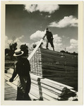 Two men stacking boards at a sawmill in Kingsland