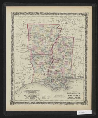 Map of Louisiana, Mississippi and Arkansas.