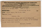 1895 May 18: Telegram, to Marshal Crump from Marshal Williams; note reminds Mrs. Thorp to have payment from H.B. Hardy to her husband